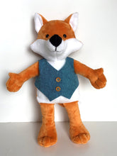Load image into Gallery viewer, Handmade Avery fox soft tot softie wearing a waistcoat sweater vest.