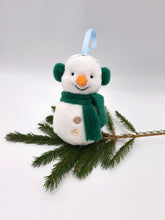 Load image into Gallery viewer, Hand made cuddly snowman Christmas tree decoration with ear muffs