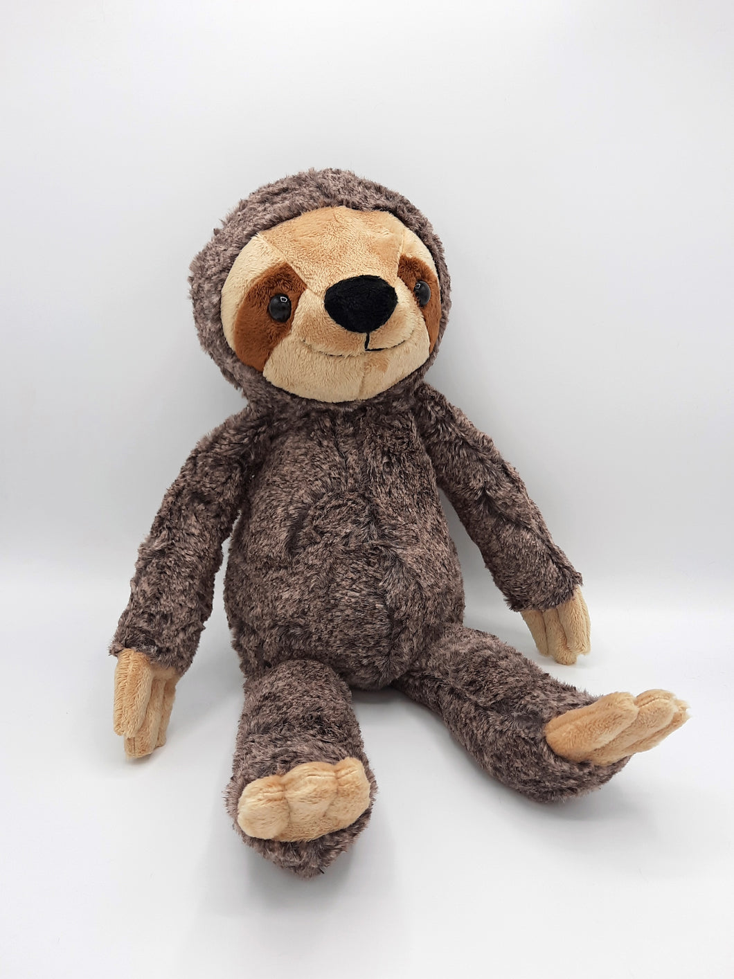 Godfrey sloth soft toy, handmade with Shannon cuddle rose and two tone heather frappe soft plush fur fabric