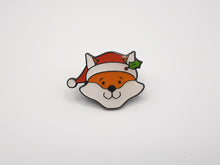 Load image into Gallery viewer, Festive fox in a Santa hat soft enamel pin badge.
