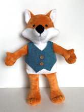 Load image into Gallery viewer, Handmade Avery fox soft tot softie wearing a waistcoat sweater vest.
