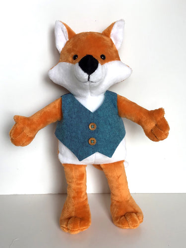 Handmade Avery fox soft tot softie wearing a waistcoat sweater vest.