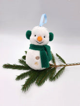 Load image into Gallery viewer, Hand made cuddly snowman Christmas tree decoration with ear muffs
