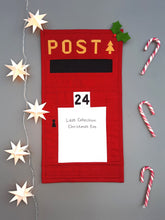 Load image into Gallery viewer, Hand made festive Christmas post box wall hanging for letters to Santa to posted inside. Original pattern by Jo Carter, Two Owls Design.

