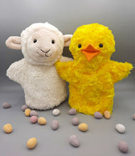 Load image into Gallery viewer, Lamb and Chick hand glove puppets handmade from Shannon Luxe Cuddle fabrics and available as an original pattern and kit
