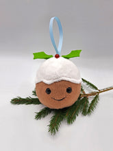 Load image into Gallery viewer, Cuddly Christmas pudding tree decoration with a smiley face and holly leaves and berry on top.
